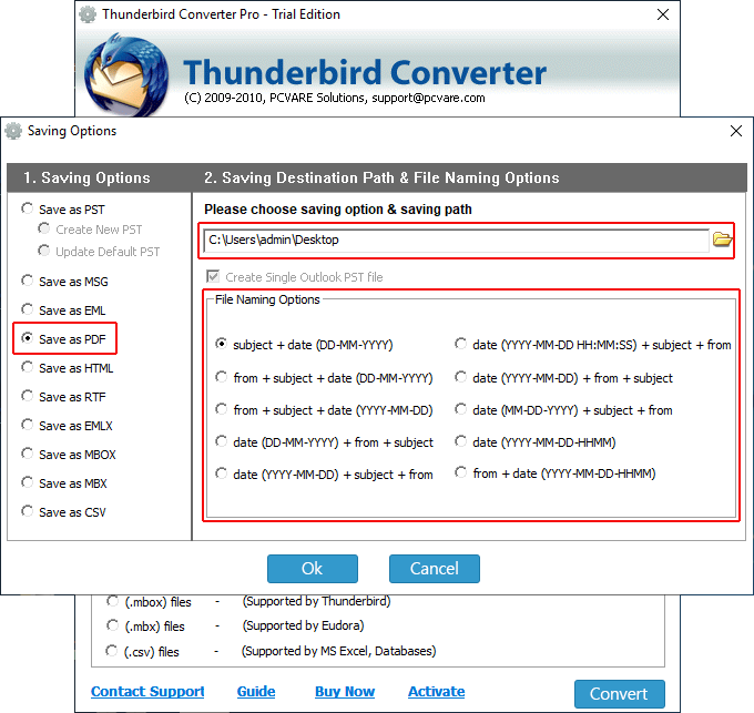 choose Destination Path and File Naming option to export Thunderbird email to PDF
